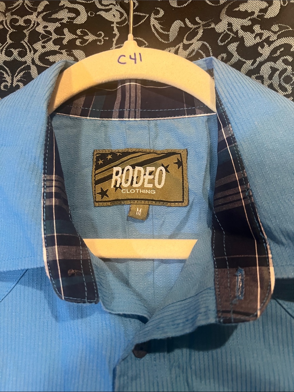 Rodeo Light Blue Button-Up Shirt with Plaid Cuff Detail - Picture 7 of 8